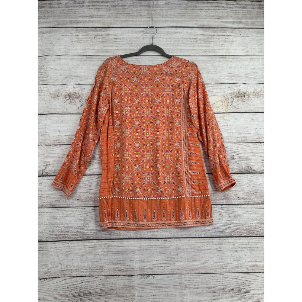 J. Jill Tunic Top Womens Small Orange Pom-pom Trim Long Sleeve Geometric Print
